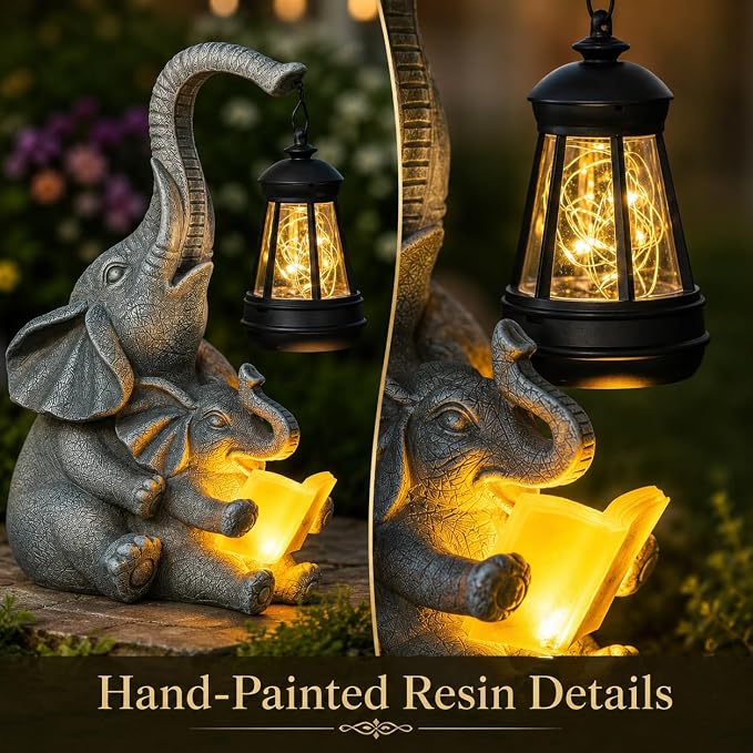 Candieslife Solar Elephant Garden Statue with Lantern, Outdoor Resin Elephant Figurine Lights for Yard Patio Porch Lawn, Weather-Resistant Garden Decor Sculpture, Gifts for Mom Women Grandma