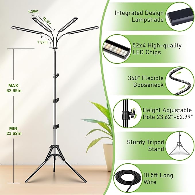 FOXGARDEN Grow Lights for Indoor Plants Full Spectrum with Tripod Stand, Tall Grow Lights for Indoor Growing with Flexible Gooseneck, Four-Head Plant Light with 4/8/12H Timer & 4 Brightness Levels