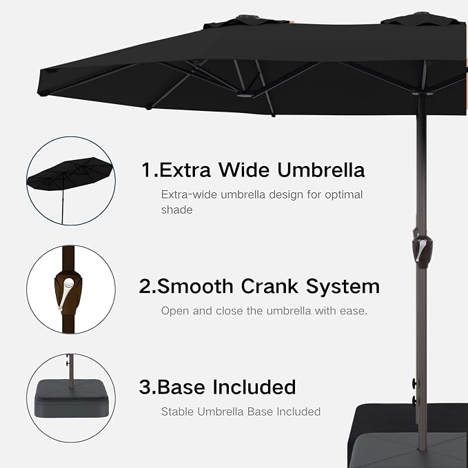 Kingdura 15ft Large Patio Umbrella with Base Included, Double-Sided Rectangle Outdoor Table Umbrella with 12 Reinforced Ribs, Crank Lift for Market Pool Deck Backyard, Black