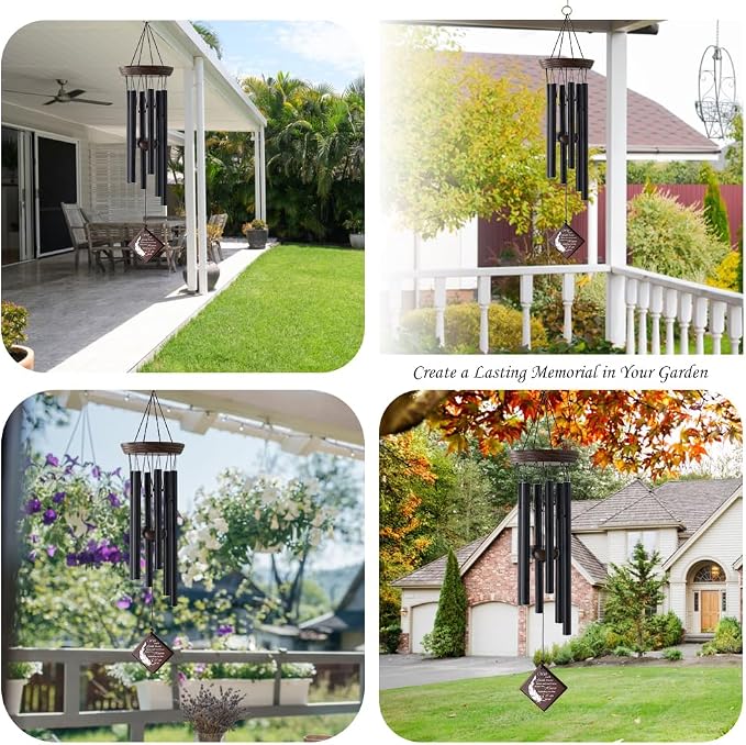 ASTARIN Memorial Wind Chimes for Outside, Sympathy Gift for Loss of Loved One, 28.3 Inch Black Aluminum Wind Chime with Pine Wood and Double-Sided Printed Wind Sail
