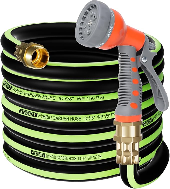 Kink Free Garden Hose 50ft 5/8", Heavy Duty Hybrid Water Hose, Ultra Durable Flexible Rubber Hose with Sprayer Nozzle,Leakproof Yard Outdoor Hose with Brass Solid Connector