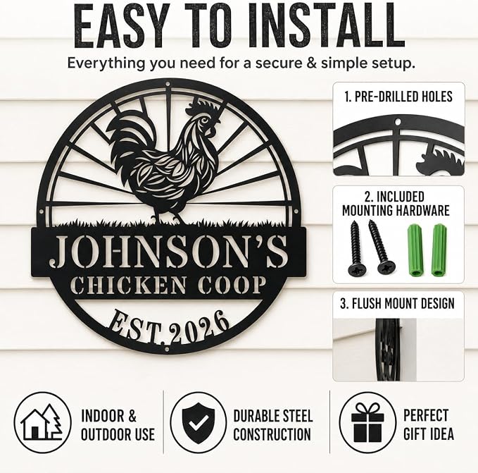 Personalized Chicken Coop Metal Sign Custom Farmhouse Name Plaque with Rooster Sunburst, Outdoor Hen House Wall Decor for Backyard Farmers and Chicken Lovers