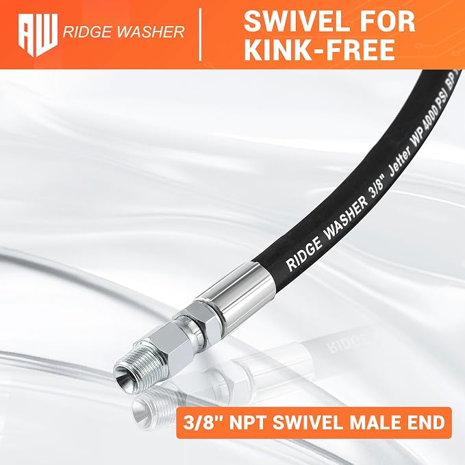 RIDGE WASHER Pressure Washer Whip Hose with Swivel, 3/8'' Power Washer Jumper Hoses, Hose Reel Connector Hoses for Pressure Washing with Adapter Set, 8 FT, 4000 PSI