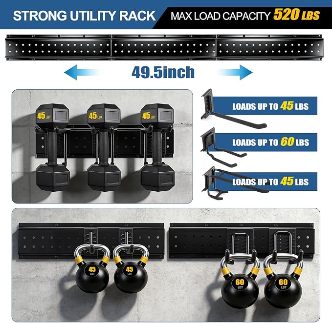 49.5'' Garage Tool Organizer Wall Mount Load 520Lbs with Heavy Duty 14Hooks | 520lbs Heavy Duty Garden Tool Organizer, Garage Wall Organizer for Garden Tool Yard Tool Shovel Rake Broom Ladder