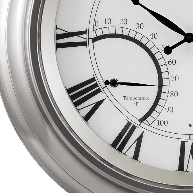 ANDY STAR 24 Inch Outdoor Clocks Waterproof,Large Outdoor Wall Clocks for Garden Patio Pool, Weatherproof Illuminated Metal Clock Battery Operated with Thermometer&Hygrometer, Silver Non Ticking
