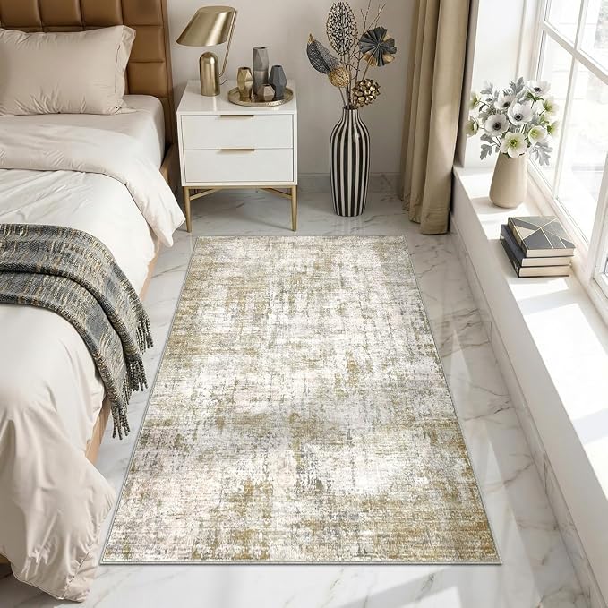 Abstract Area Rug 3x5 Ft Washable Rugs for Entryway Indoor | Tan Non Slip Kitchen Rug Printed Faux Wool Throw Rugs, Neutral Modern Indoor Mat for Entrance Bedroom Office Home Decor