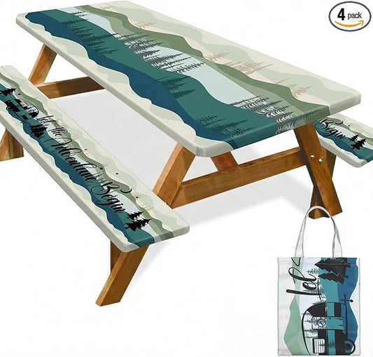 Picnic Table Cover with Bench Covers Elastic Edges Outdoor Camping Essentials 4 Pcs Mountains Waterproof Oil-Proof Tablecloth with Handbag for RV Accessories Farmhouse Camping Rustic Party Decor 72 IN