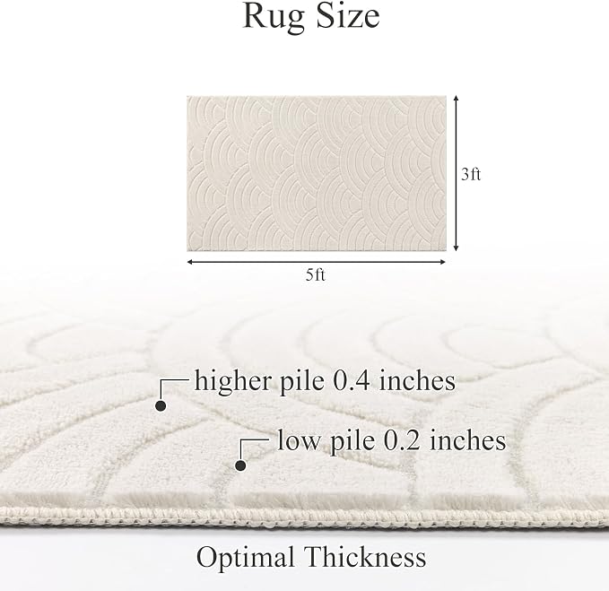 SHACOS Soft Cozy Fluffy Arch Waves Pattern High-Low Textured Area Rug 3'x5' | Non Slip Washable Minimalist Modern Graphic Rainbow Carpet for Living Room Bedroom, Cream