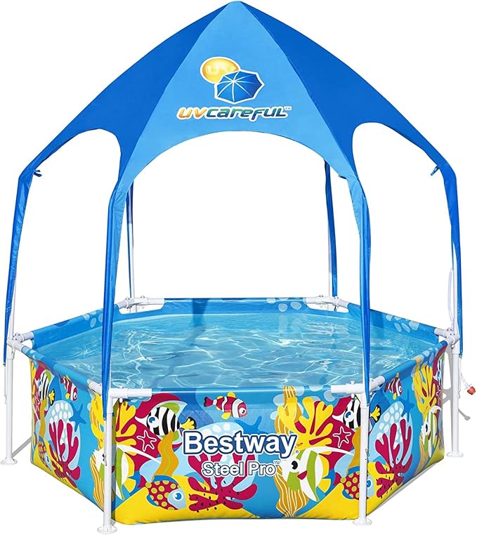 Bestway Steel Pro Frame Pool with Sun Protection Roof Splash-in-Shade Without Pump Diameter 183 x 51 cm Colourful Underwater Design Round