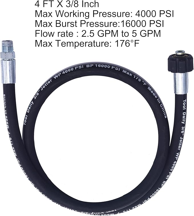 Tool Daily Pressure Washer Whip Hose with Swivel, Hose Reel Connector for Pressure Washing, 4 FT (3/8 NPT Solid + M22 Female)