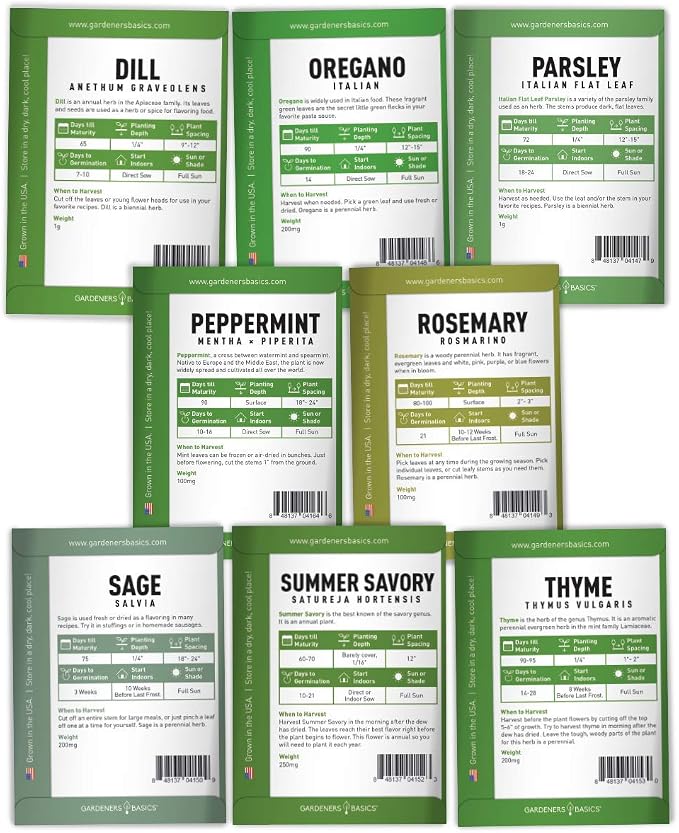Gardeners Basics, 15 Herb Seeds for Planting Varieties Heirloom Non-GMO 5200+ Seeds Indoors, Hydroponics, Outdoors - Basil, Catnip, Chive, Cilantro, Oregano, Parsley, Peppermint, Rosemary and More