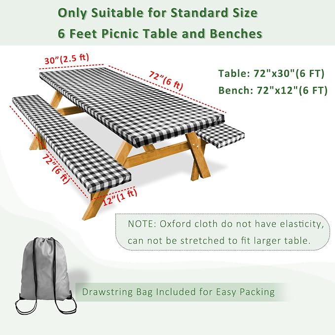 Picnic Table Cover with Bench Covers Camping Essentials Reusable Waterproof Windproof Camping Tablecloth Fitted Rectangle Tables and Seats, 72in, Black Checkered