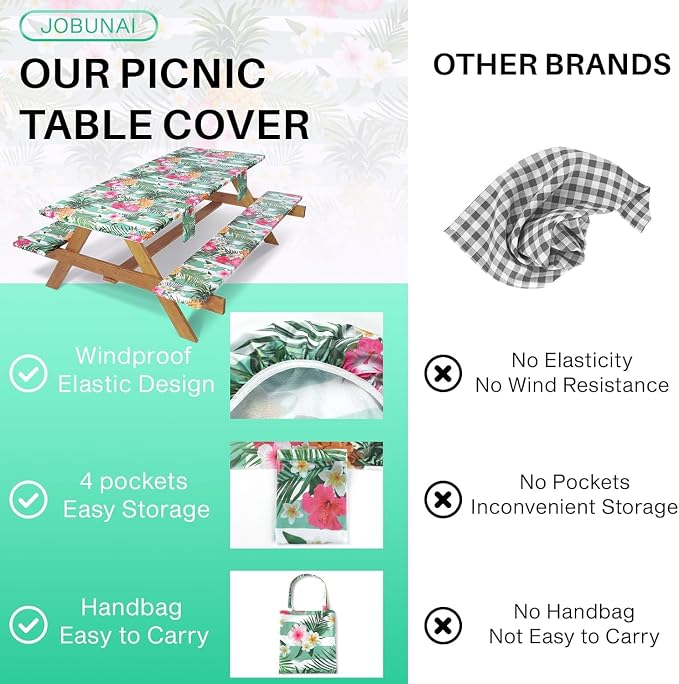 Jobunai 3 Piece Picnic Table Cover with Bench Covers Elastic Fitted Heavy Duty Camping Table Cloths for 6Ft Tables Camper Travel Trailer Must Haves Motorhome Garden Organization Mom Dad Birthday Gift