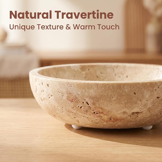 Large 7.87" Natural Travertine Stone Decorative Bowl, Beige Travertine Catchall Tray for Home Decor, Coffee Table Centerpiece, Fruit & Nut Bowl, Jewelry Dish, Key Holder (Limestone, 7.85)