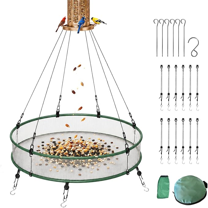 Bird Seed Catcher Tray for Outdoor Hanging Feeders, 24" Large Upgraded Anti-Flip Feeder Tray with Complete Accessories, 4" Deep Windproof Platform to Catch Dropped Seeds, Fits Most Bird Feeders