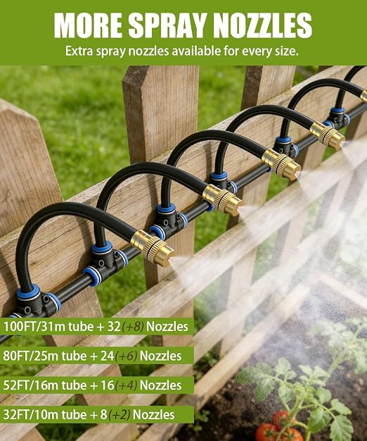 80FT 5/16" Misting Irrigation System for Garden with 30 Adjustable Nozzles | 360° Bendable Copper Nozzles, Quick Connect, Steady Flow, UV-Resistant PE Tubing & Accessories, Garden Beds& Greenhouse