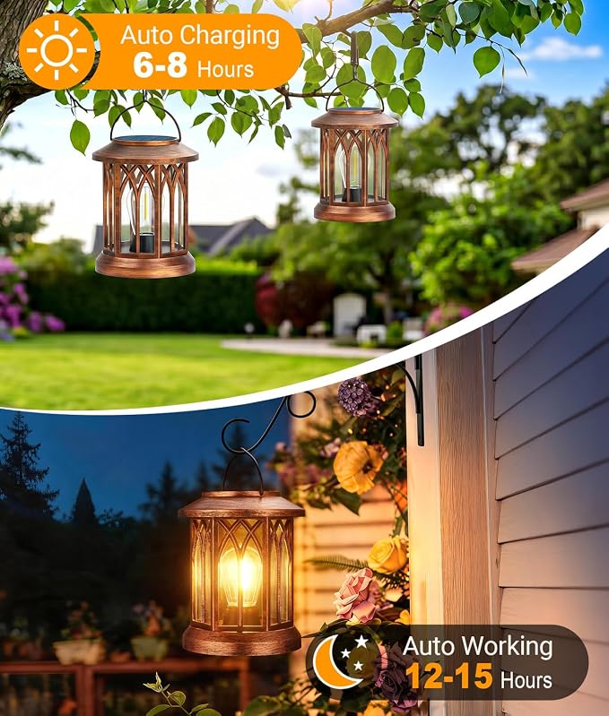 Solar Lanterns Outdoor Waterproof Lights 2 Pack, Built-in Hook Bright Lanterns Outdoor Light with Clip Garden Decor, Hanging Solar Lights for Yard Patio Front Porch Table Decoration (Copper)