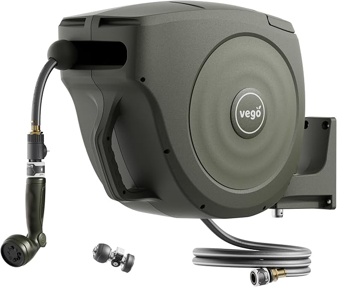 Vego Garden Hose Reel Retractable Hi-Flow Wall Mounted Hose Reel Automatic Rewind, Any Length Lock with 9 Patterns Sprayer Nozzle, Quick Connector and Adjustable shot Nozzle (Seaweed Green, 100ft)