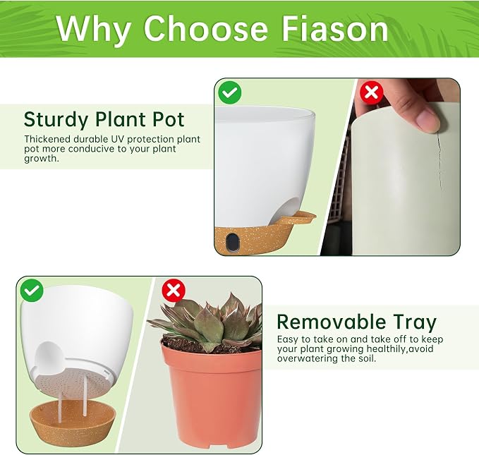 8/7/6.5/6/5.5/5 Inch Self Watering Pots for Indoor Outdoor Plants, Set of 6 Large Plastic Planters with Visual Water Window, Drainage Holes & Watering Lip, Modern Decorative Flower Pots (White)