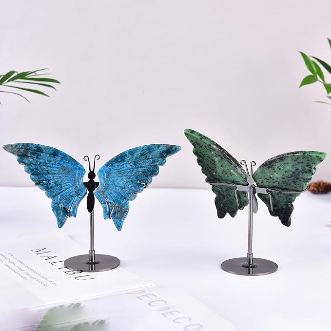JIC Gem Natural Ruby Zoisite Quartz Crystals Butterfly Figurine Decorative Rocks Stones Healing Crystal Carved Angel Wings with Display Decor Reiki Gifts (1pair, 10cm)