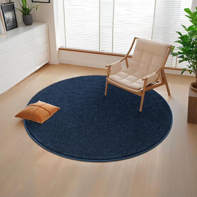 5' Navy Blue Round Area Rug Modern Solid | Washable Memory Foam, Low Pile Non Slip Indoor Carpet for Living Room Bedroom Office Classroom College Dorm Room Home Decor