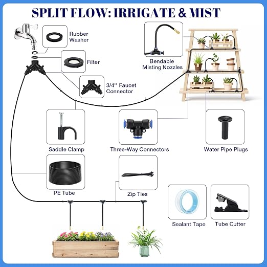 60FT Drip Irrigation Kit, 6mm Hose with Dual Outlet Splitter with Independent Valves & 15 360° Adjustable Brass Nozzles & 18 Snap-On Tees, DIY Automatic Watering for Greenhouse, Raised Beds, Garden