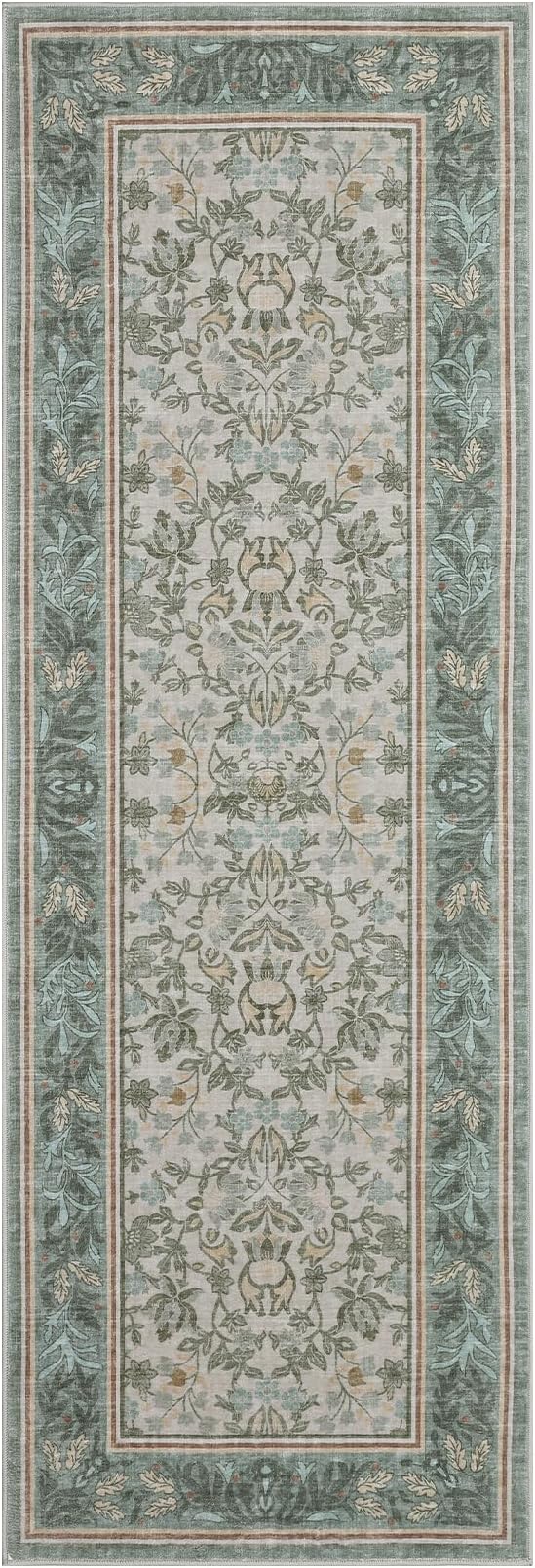 GarveeHome Washable 2x6 Hallway Runner Rug Non Slip Kitchen Rugs Sage Green | Boho Vintage Runner Rugs with Rubber Backing Soft Low-Pile Stain Resistant Indoor Long Carpet for Entryway Bedroom Laundry