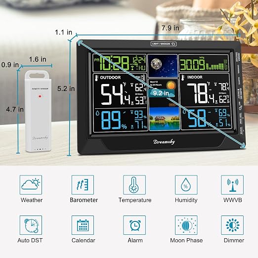 DreamSky Weather Station Indoor Outdoor Thermometer Wireless for Home | Digital Atomic Clock, Large Display with Dimmer, Inside Outside Temperature Humidity Monitor, Auto DST (Plug-in)