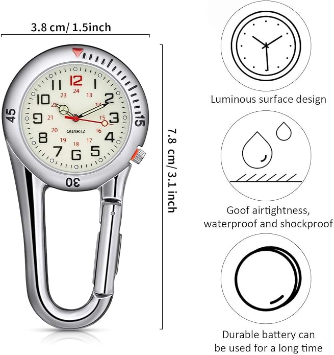 Hicarer 2 Pieces Clip on Quartz Watch Backpack Fob Belt Glow in The Dark Unisex Pocket Watch with White Dial for Doctors Nurses Outdoor Activities