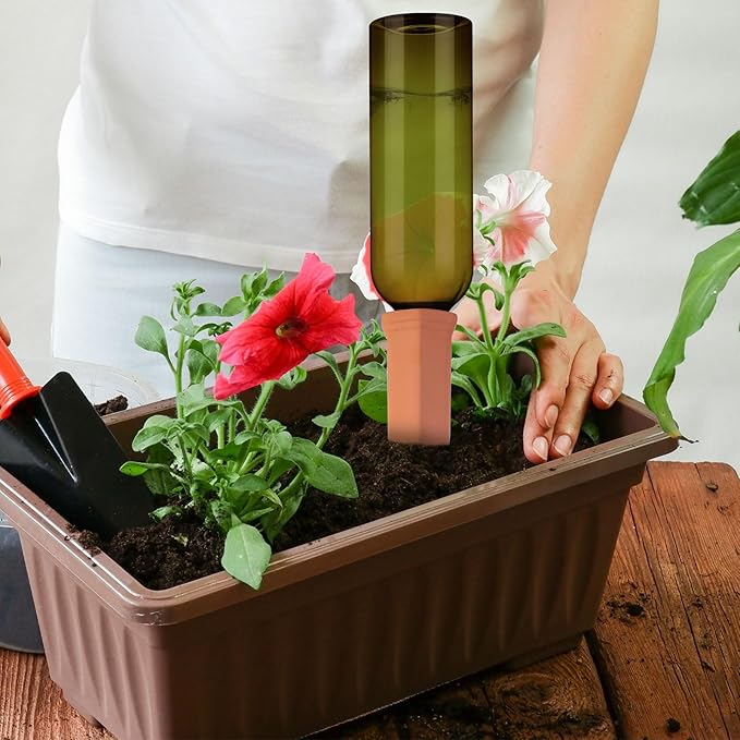 SiliFine 12 Sets Plant Watering Devices Include Terracotta Self Watering Spikes and 26 oz Plastic Bottles, Slow Release Vacation Insert Automatic Plant Waterer Device (Grass Green and Terracotta)