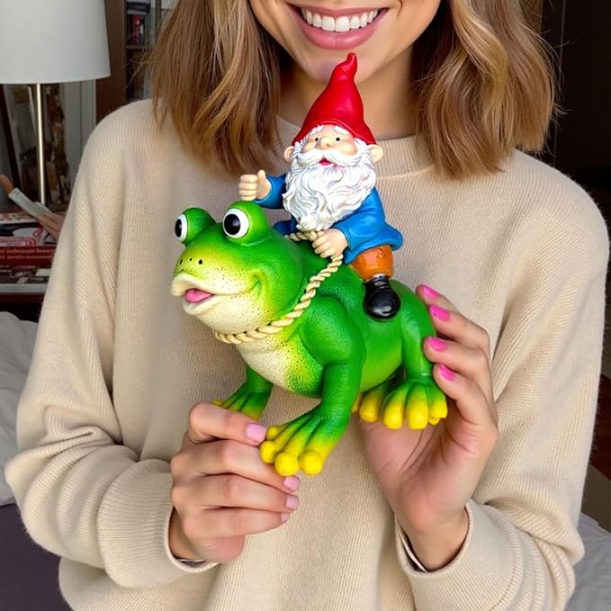 Resin Miniature Frog Decor and Garden Gnome Statue, 5.5-Inch Yard Art Outdoor Decorations for Patio Porch Desk, Cute Whimsical Frog Gifts for Women and Garden Lovers
