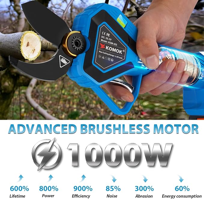 KOMOK Professional Cordless Electric Pruning Shears Secateurs, Smart Garden Orchard Tools 2 Rechargeable 2Ah Battery Tree Branch Pruner with Power Display 42mm/1.65", 8-10 Working Hours