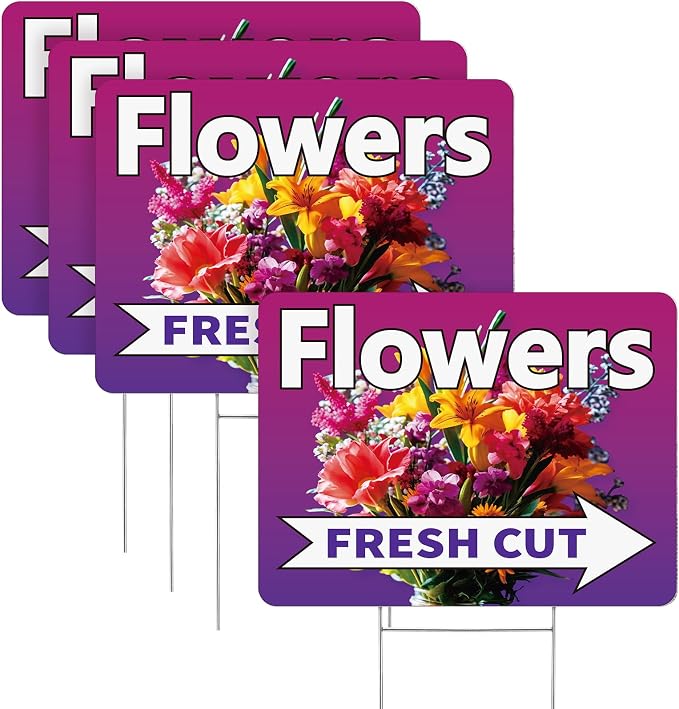 Pinkunn 3 Pack 16 x 12 Inch Fresh Cut Flower Yard Signs with Stakes Double Sided Weatherproof Garden Signs for Shops, Markets Events