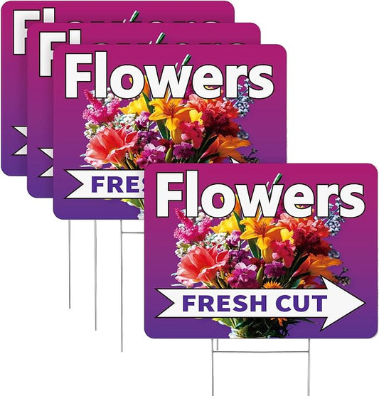 Pinkunn 3 Pack 16 x 12 Inch Fresh Cut Flower Yard Signs with Stakes Double Sided Weatherproof Garden Signs for Shops, Markets Events