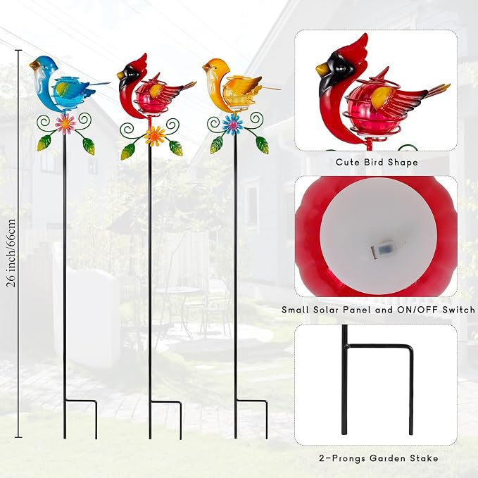 Birds Solar Garden Lights, 26" H Whimsical Decorative Solar Stake Light, 3 Pcs Outdoor Cardinal Statues Figurine Lights for Garden Lawn Patio Yard Decoration