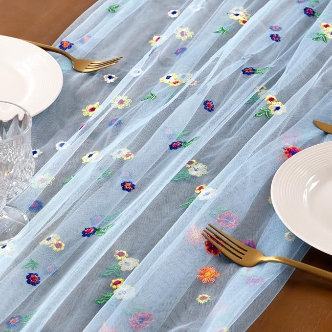 Socomi Flower Table Runner Summer Daisy Floral Tulle Gauze Cheesecloth Embroidery Table Runners for Tea Party Garden Wedding Bridal Baby Shower Birthday Picnic Decor Blue 1pc