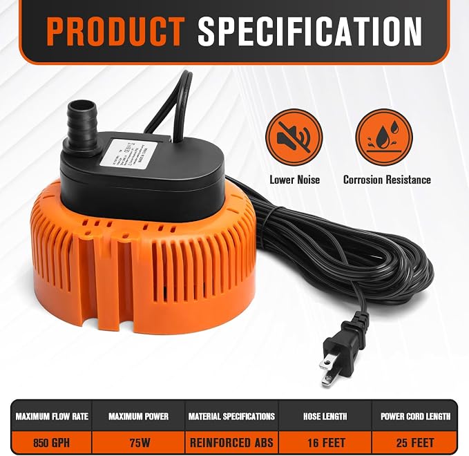 Sump Pump,Pool Cover Pump above Ground | For Swimming Pool Basement Garden Pond Tubs Draining,75W,Max Flow:850GPH,3 Adapters,25 Ft Power Cord (Orange)