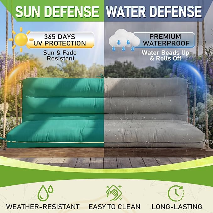 60×40 INCH Outdoor Swing Cushion with Backrest, Tie Straps & Memory Foam - Replacement for Porch Bench 2/3 Seater, Oxford Fabric (Aqua Blue, 60 INCH × 40 INCH)