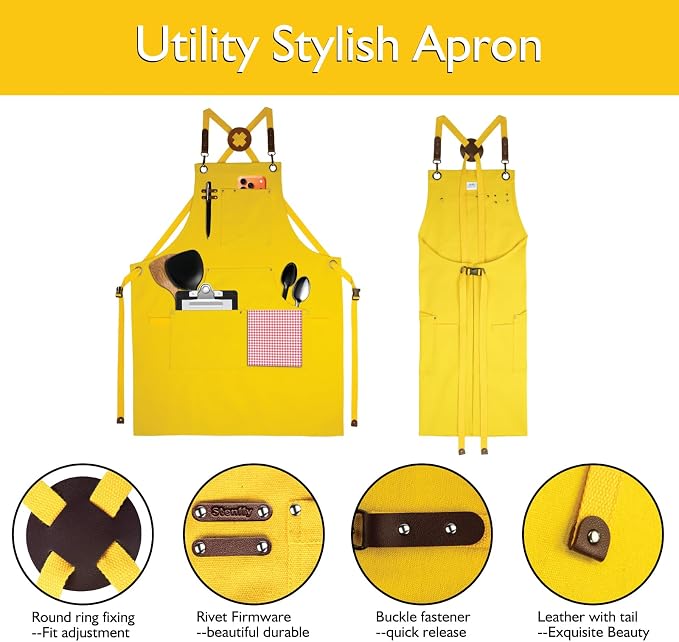 Kitchen Apron, Work Apron, Canvas Apron, Yellow | Multiple Pockets, Gardening, Painting, BBQ, Artist, Carpenter, Sizes M to XXL