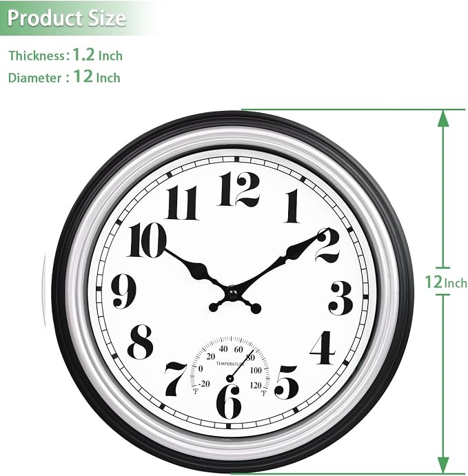 45MinST 12 Inch Indoor/Outdoor Retro Round Waterproof Wall Clock with Thermometer, Silent Non Ticking Battery Operated Quality Quartz Wall Clock Home/Patio Decor(Silver F)