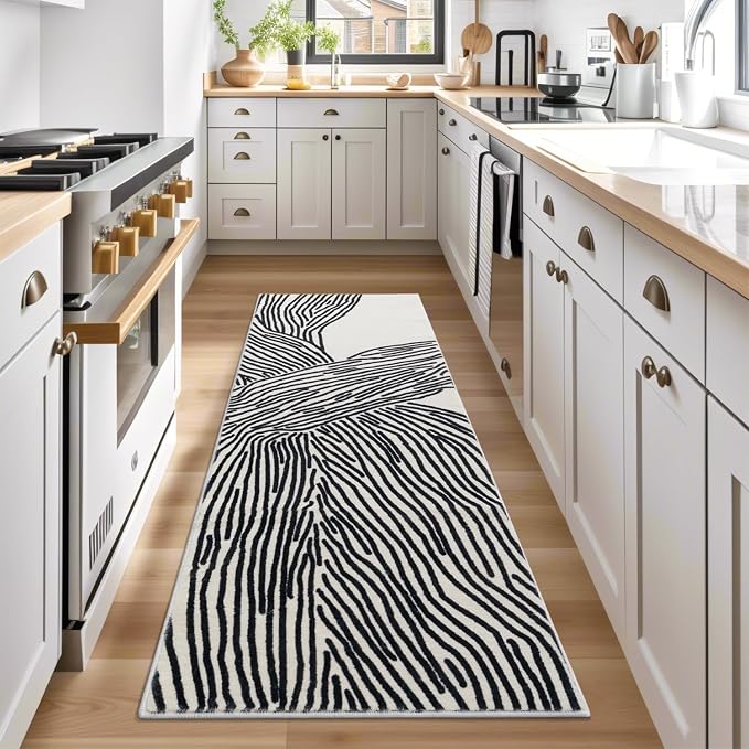 Zebra Runner Rug for Hallway, Modern, 2x6 Runner Rugs, Black and White Rug Thin Non-Slip Washable Rugs, Soft Contemporary Striped Carpet for Entryway Indoor, Kitchen, Laundry, Bedroom