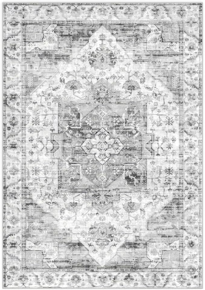 8x10 Area Rug Vintage Washable Rugs for Living Room Bedroom Nursery | Farmhouse Boho Floral Neutral Washable Stain Resistant Indoor Carpet for Bedroom Office and Home Decor (Black&Grey)