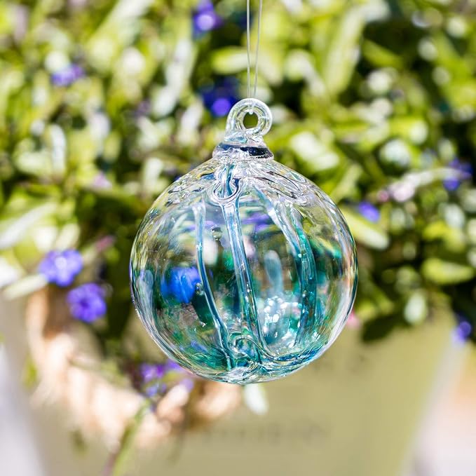 Luke Adams Glass | 3" Mini Tree of Life Ornament | Handmade Ornament | Hanging Garden Gazing Ball | Indoor Outdoor Home Décor | (Recycle Teal)
