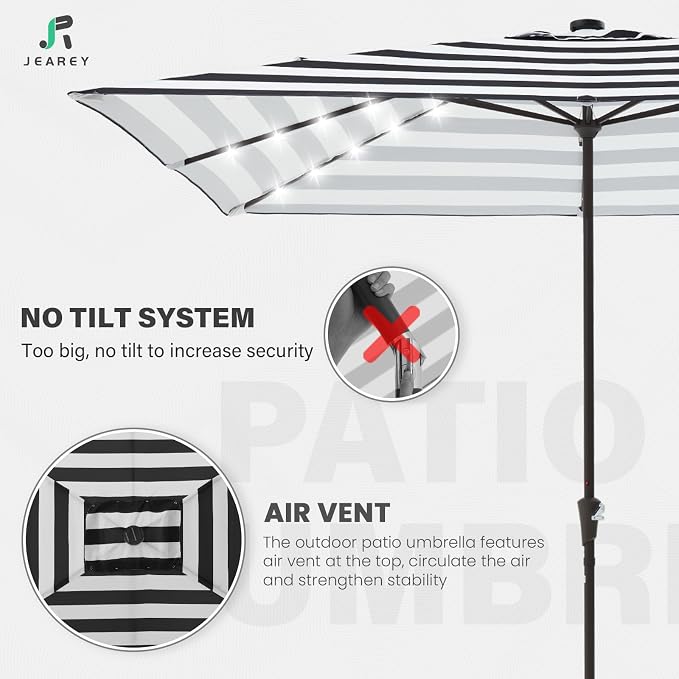 JEAREY 8x10 ft Rectangular LED Lighted Patio Umbrellas Outdoor Solar Table Market Umbrella w/Crank, 8 Sturdy Ribs, UV Protection Waterproof Sunproof(Black-White Stripe)