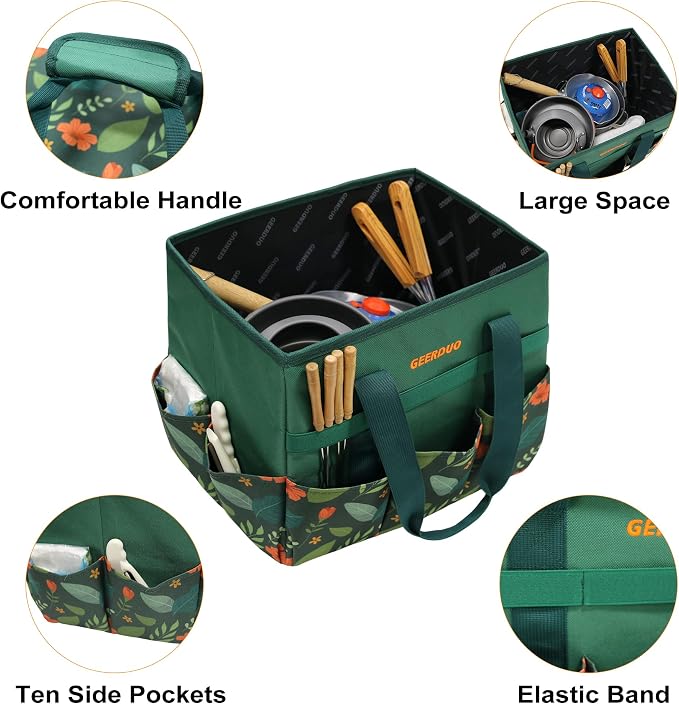 30L Collapsible Garden Seat & Storage Box, Heavy Duty Floral Organizer Bag with 10 Side Pockets, Portable Foldable Stool for Camping, Picnic, Car Trunk and Home