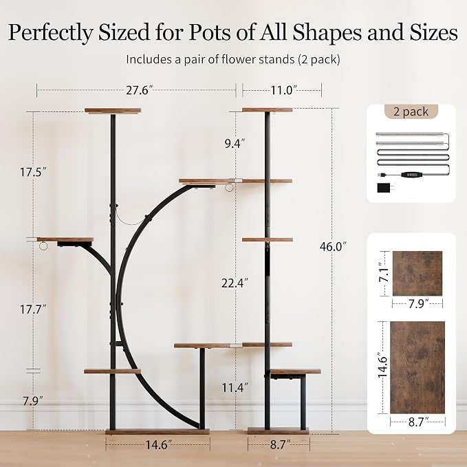 Plant Stand Indoor with Grow Lights - 2 Pack Corner Plant Shelf, 6 Tiered 47'' Indoor Plant Stands for Multiple Plants, K-Shaped Plant Rack Display Holder, Flower Stands for Living Room Patio Home