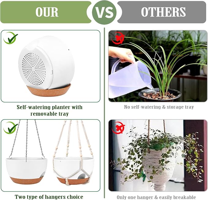 Hanging Planters for Outdoor Indoor Plants, 2 Pack 12 Inch Hanging Basket Plants Outdoor, Self Watering Hanging Planter with Plant Hanger for Garden Home Decoration (2 Type Plant Hangers White)