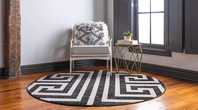 Unique Loom Athens Collection Classic Geometric Modern Border Design Area Rug (6' 0 x 6' 0 Round, Black/ Beige)
