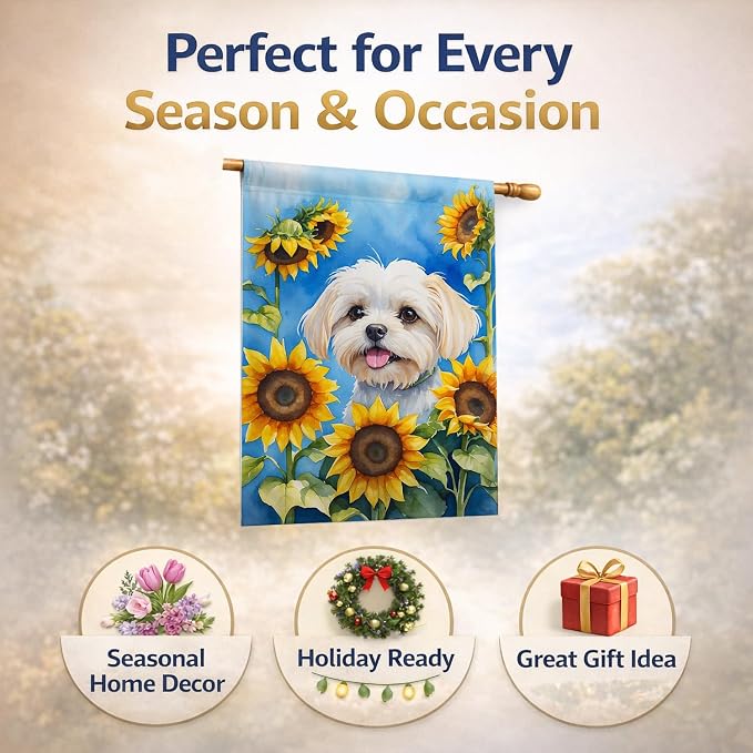 Caroline's Treasures DAC6117CHF Maltese in Sunflowers House Flag Large Porch Sleeve Pole Decorative Outside Yard Banner Artwork Wall Hanging, Polyester, House Size, Multicolor