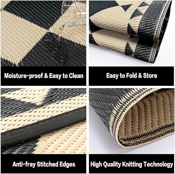 HUGEAR Outdoor Rug for Patios Clearance,Waterproof Mat,Large Outside Carpet,Reversible Plastic Straw Camping Rugs,Rv,Porch,Deck,Camper,Balcony,Backyard (8x10,Checkered/Black&Beige)